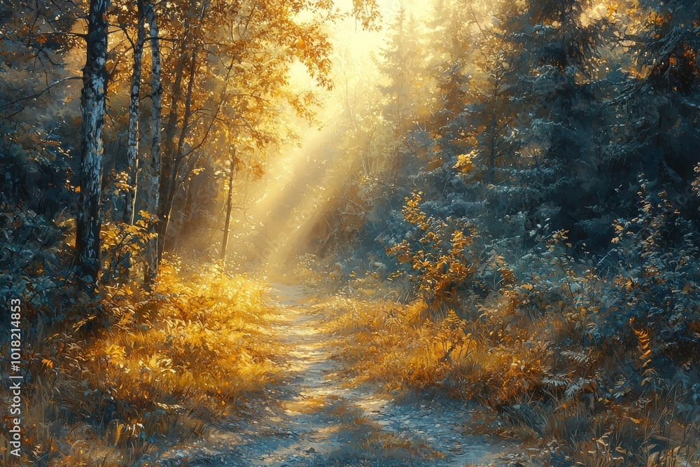 Fototapeta premium A serene forest path bathed in golden sunlight, showcasing warm autumn colors and a tranquil atmosphere.