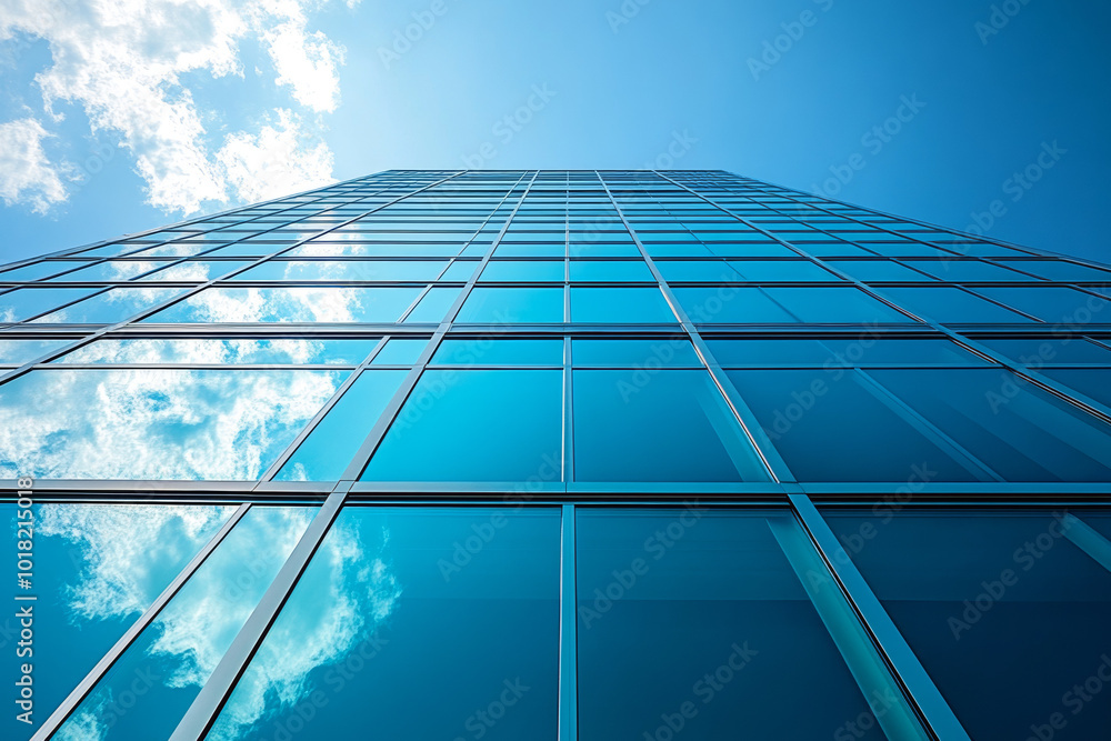 A low angle view of a modern glass skyscraper reflecting the blue sky. A low angle view of a modern glass skyscraper reflecting the blue sky.