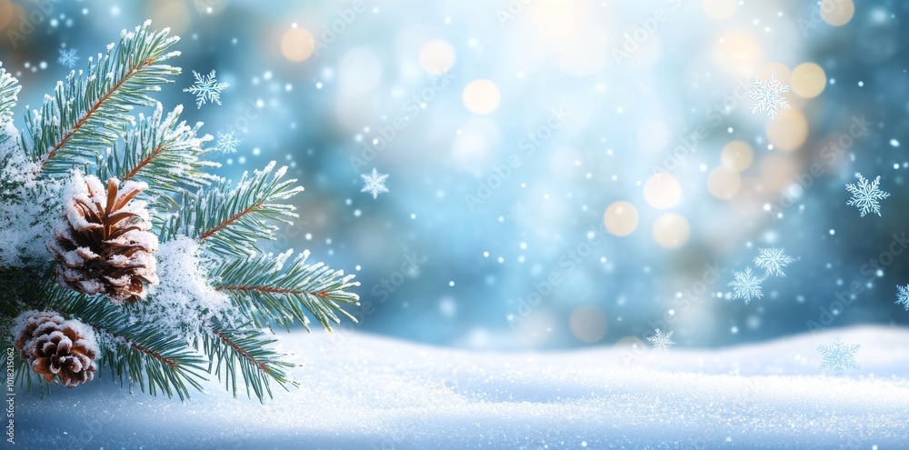With bokeh Christmas lights and frosted spruce branches and small drifts of pure snow, this winter background image is beautiful. With bokeh Christmas lights and frosted spruce branches and small drifts of pure snow, this winter background image is beautiful.