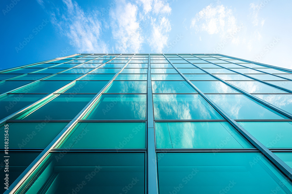 Obraz premium A low angle view of a modern glass building with a blue sky and white clouds reflecting in the windows.