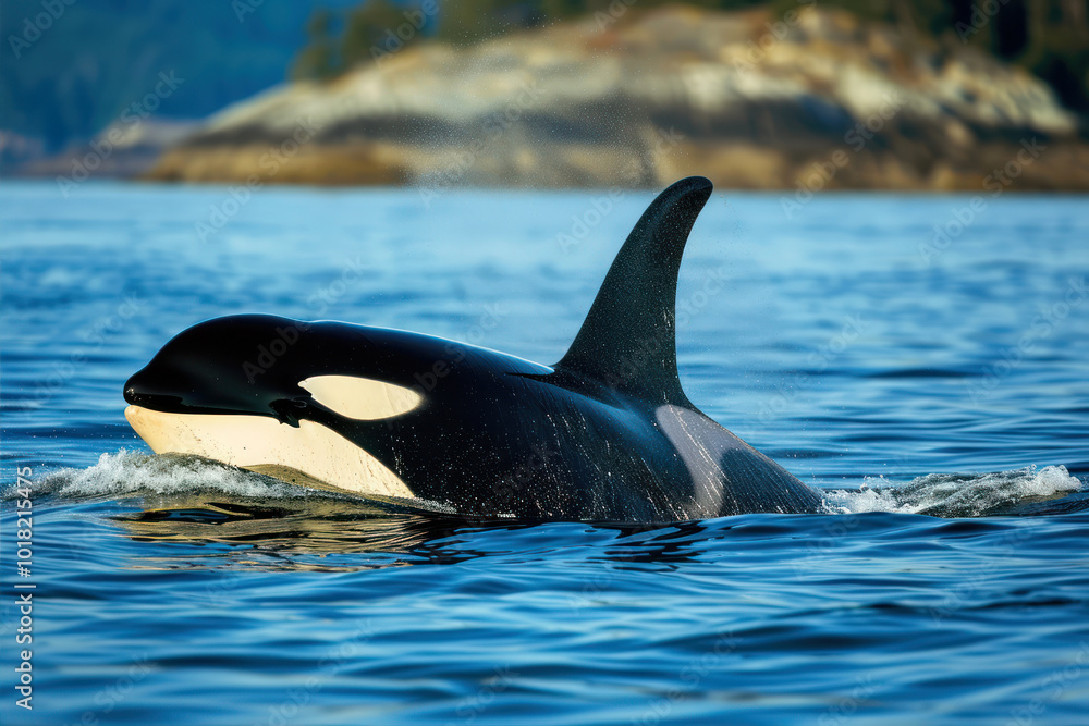Fototapeta premium Orca Swimming Gracefully in Its Natural Habitat off the Coast During a Sunny Day