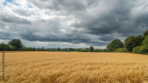 A wide view of barley fields with a dramatic cloudy sky, creating a contrast with the golden crops.