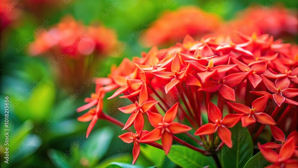 Minimalist macro shot of red santan flowers on bed, blurry green background Minimalist macro shot of red santan flowers on bed, blurry green background