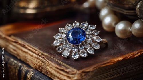 A Large Sapphire Ring Surrounded by Smaller Diamonds on an Antique Book