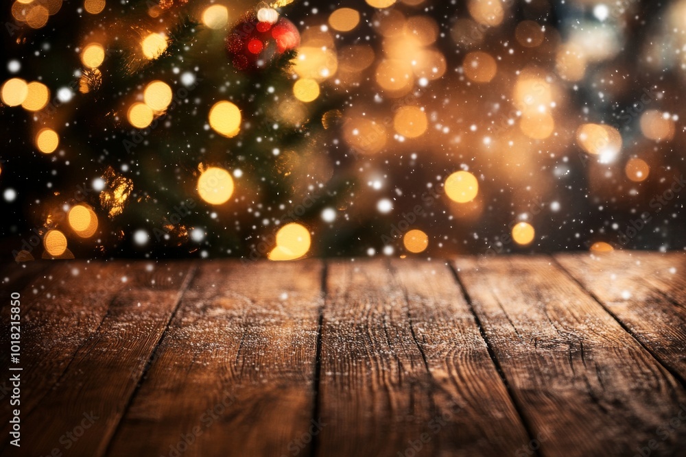 A blurred Christmas tree with bokeh light background is on top of an empty wood table A blurred Christmas tree with bokeh light background is on top of an empty wood table