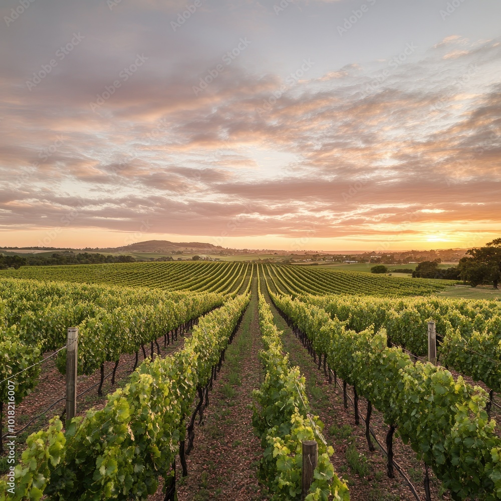 Fototapeta premium A wide-angle shot of a sprawling vineyard, with rows of grapevines stretching toward the horizon under a soft sunset sky