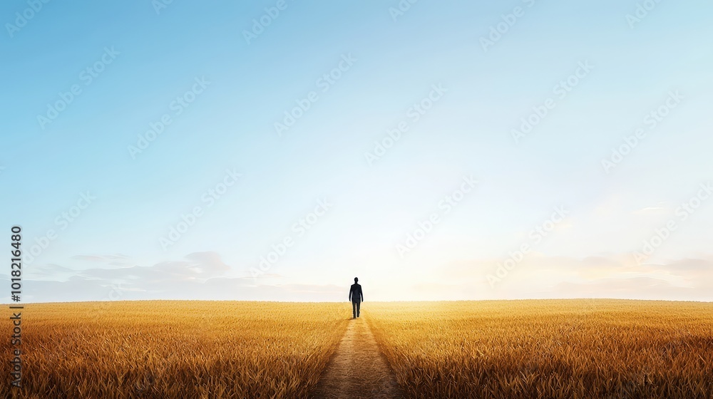 A person traversing a gold field, signifying the wealth of a bountiful existence. A person traversing a gold field, signifying the wealth of a bountiful existence.