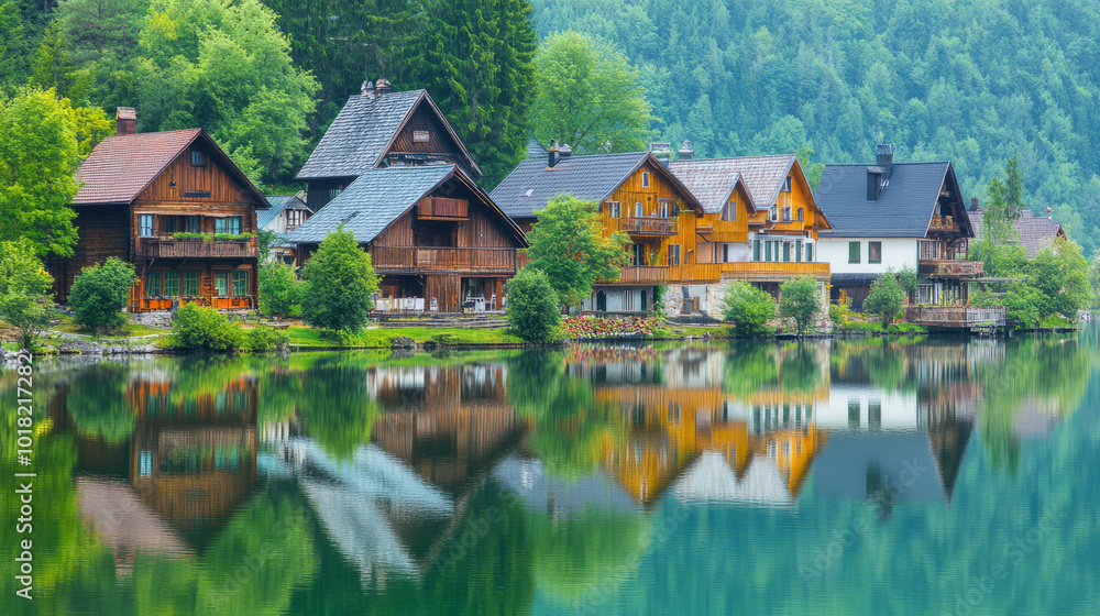 A serene village by a crystal-clear lake, with charming wooden houses, colorful gardens, and reflection of the landscape in the water A serene village by a crystal-clear lake, with charming wooden houses, colorful gardens, and reflection of the landscape in the water