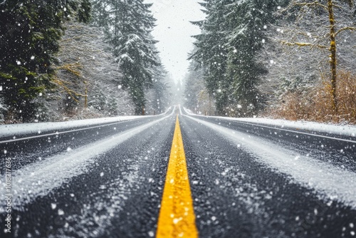 Winter road in Magadan, Russia, with snow showers on the trees and hills. Slush on the way. Fog and haze, low visibility due to the snowstorm. Extreme weather. photo