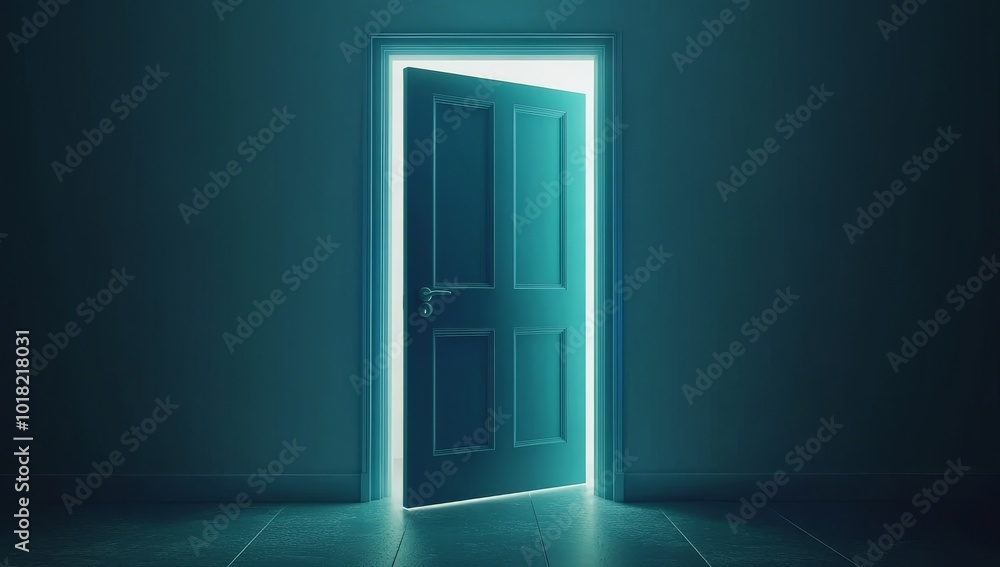 An abstract minimalist blue geometric background with bright neon light shining through the vertical slot doorway portal An abstract minimalist blue geometric background with bright neon light shining through the vertical slot doorway portal