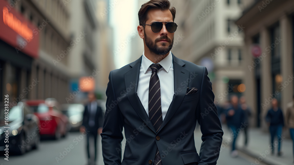 Stylish Individual in a Sharp Suit and Tie Exuding Confidence Amidst Urban Hustle and Bustle Stylish Individual in a Sharp Suit and Tie Exuding Confidence Amidst Urban Hustle and Bustle