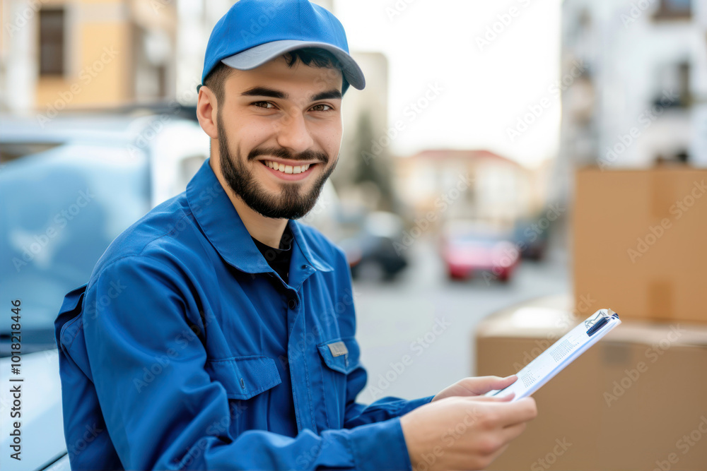 Cheerful Delivery Young Man in Blue Uniform Smiles While Holding a Clipboard on a City Street Cheerful Delivery Young Man in Blue Uniform Smiles While Holding a Clipboard on a City Street