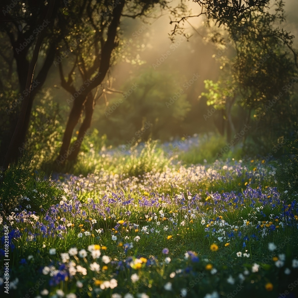 Naklejka premium A wildflower meadow filled with bluebells, daisies, and buttercups, with soft sunlight streaming through the trees