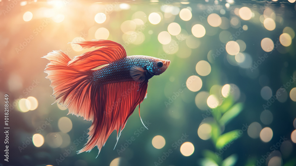 A vibrant Siamese Fighting Fish (Betta) flaring its colorful fins in a glass aquarium, surrounded by floating plants and gentle bubbles A vibrant Siamese Fighting Fish (Betta) flaring its colorful fins in a glass aquarium, surrounded by floating plants and gentle bubbles