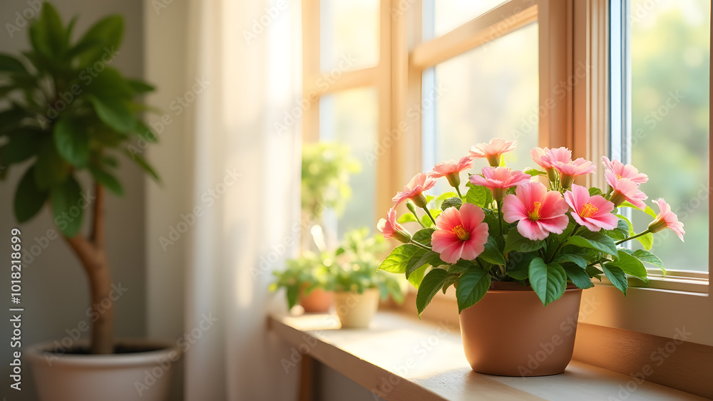 A Cozily Arranged Room Featuring a Flowering Bush Against a Bright Window Bathed in Soft Cascading Light Enhancing a Cheerful Decor A Cozily Arranged Room Featuring a Flowering Bush Against a Bright Window Bathed in Soft Cascading Light Enhancing a Cheerful Decor
