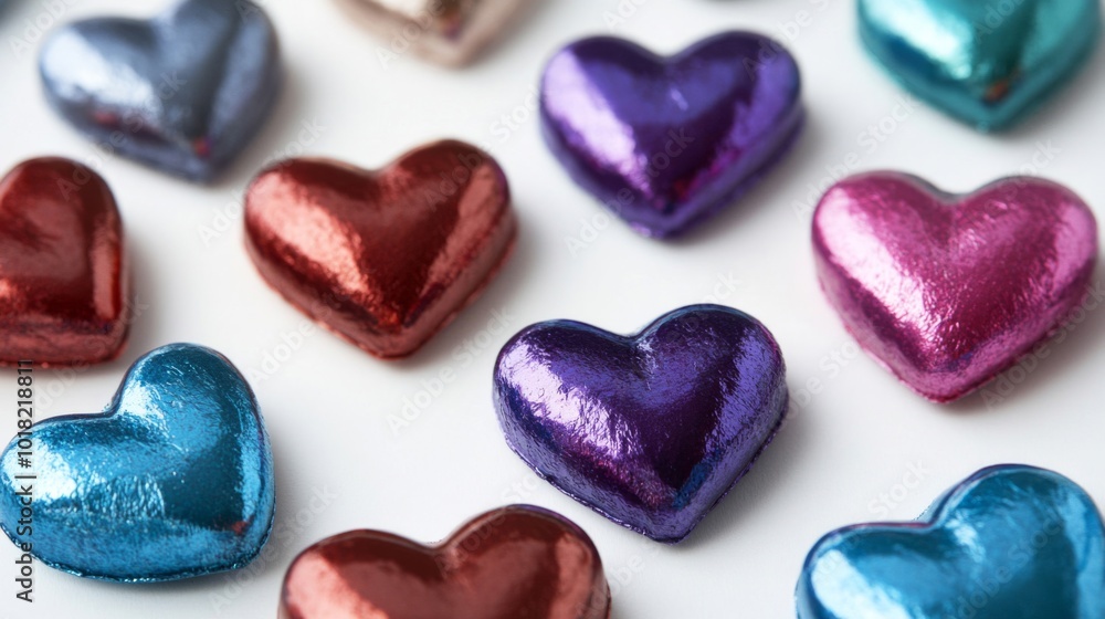 Metallic Heart-Shaped Chocolates on a White Background Metallic Heart-Shaped Chocolates on a White Background