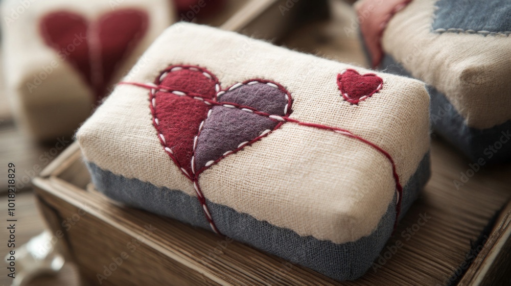 Fototapeta premium Fabric Heart-Shaped Gift Box with Red and Purple Detailing