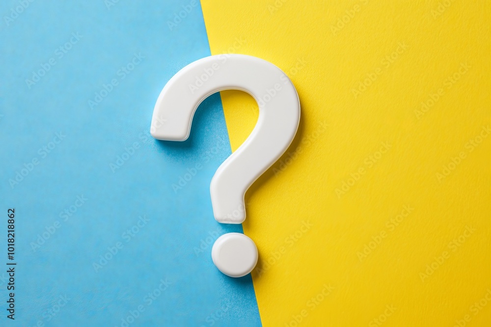 An educational or problem-solving illustration of a white question mark painted on a blue and yellow wall. An educational or problem-solving illustration of a white question mark painted on a blue and yellow wall.