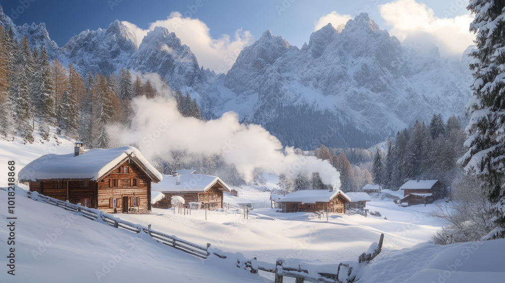 A village in a snowy mountain region, wooden chalets with smoke rising from chimneys, and snow-covered landscapes creating a winter wonderland A village in a snowy mountain region, wooden chalets with smoke rising from chimneys, and snow-covered landscapes creating a winter wonderland