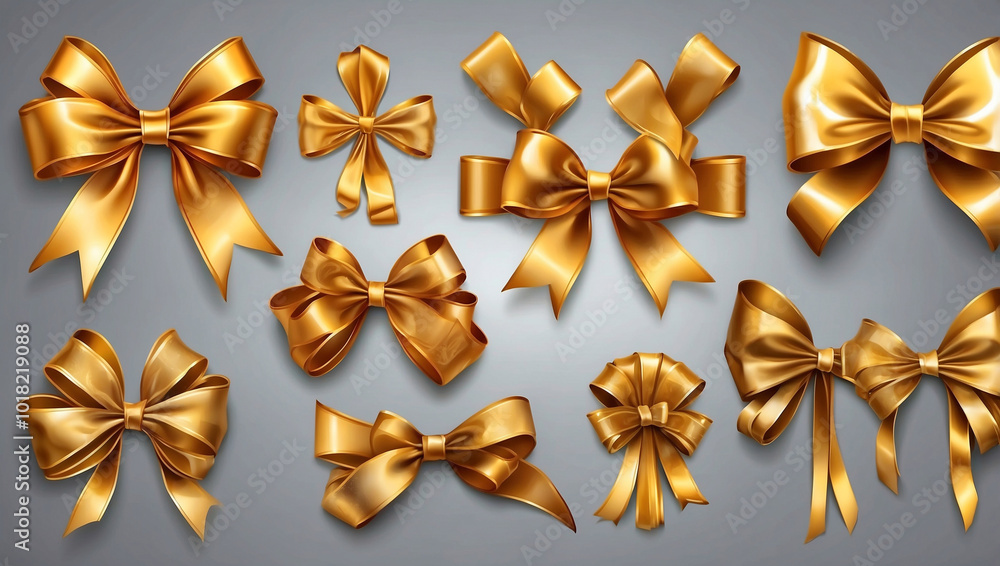 Set of Golden Ribbon Bows on a Transparent Background Set of Golden Ribbon Bows on a Transparent Background