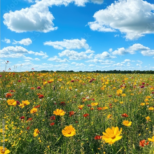 A wildflower meadow filled with vibrant yellow and red blooms, with a clear blue sky and fluffy clouds overhead