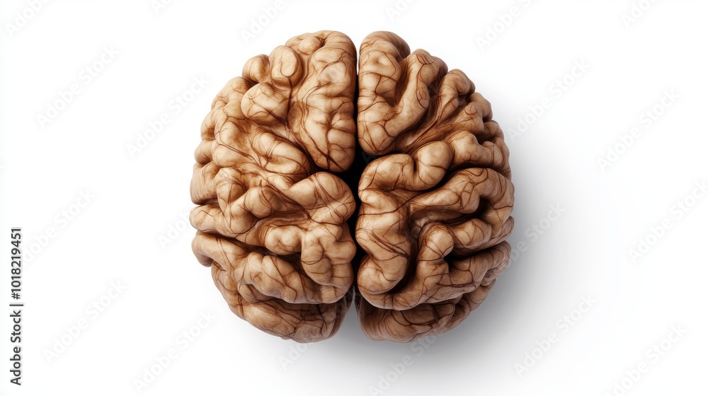 Isolated on a pure white background, a walnut half brain illustrates brain health Isolated on a pure white background, a walnut half brain illustrates brain health