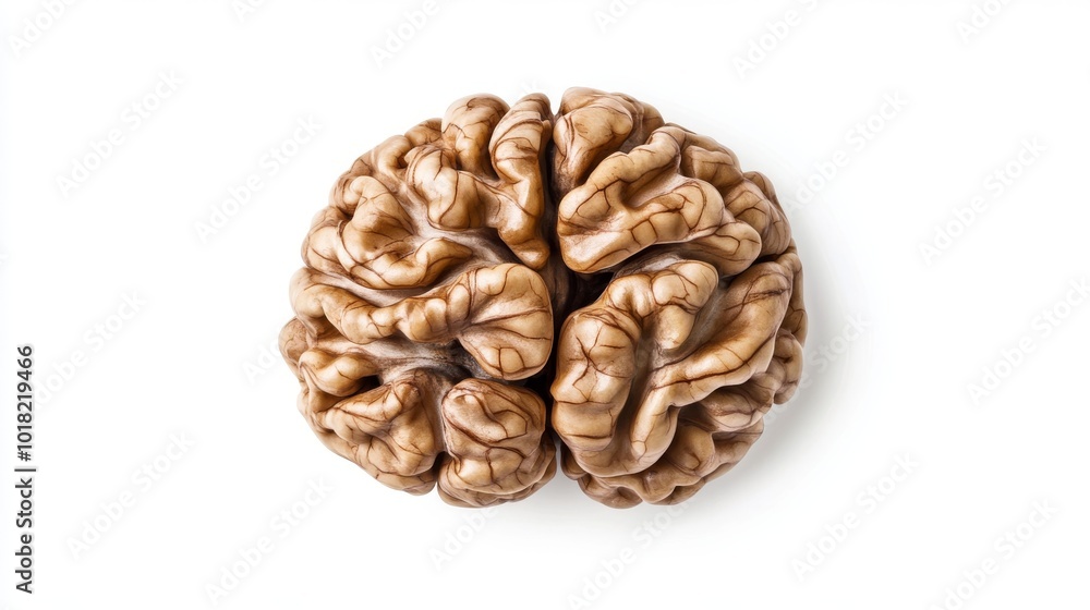 Isolated on a background made of pure white, a walnut brain illustrates brain health Isolated on a background made of pure white, a walnut brain illustrates brain health
