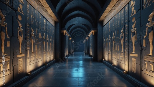 Ancient Egyptian Corridor with Hieroglyphs and Columns in Twilight Blue and Beige Tones