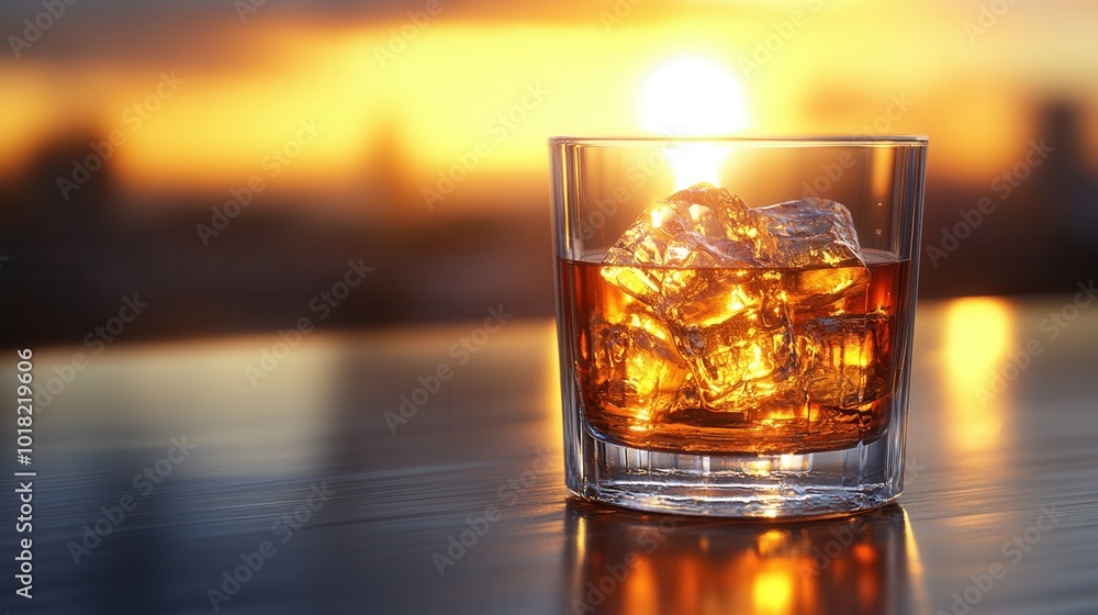 A glass filled with whiskey and ice sits on a wooden table while the sun sets in the background, creating a warm glow. The scene captures a moment of relaxation and appreciation for the evening ambian A glass filled with whiskey and ice sits on a wooden table while the sun sets in the background, creating a warm glow. The scene captures a moment of relaxation and appreciation for the evening ambian