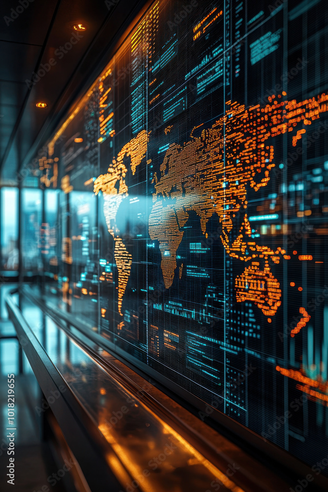 Obraz premium AI Global economic, Digital economic world map in focus with hovering hologram annotations showcasing financial data across continents. The setting is a futuristic office with a