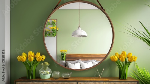 Green walls with round mirror, wooden frame, vintage yellow tulips, modern pendant lamp, minimal console table, maximalist design photo