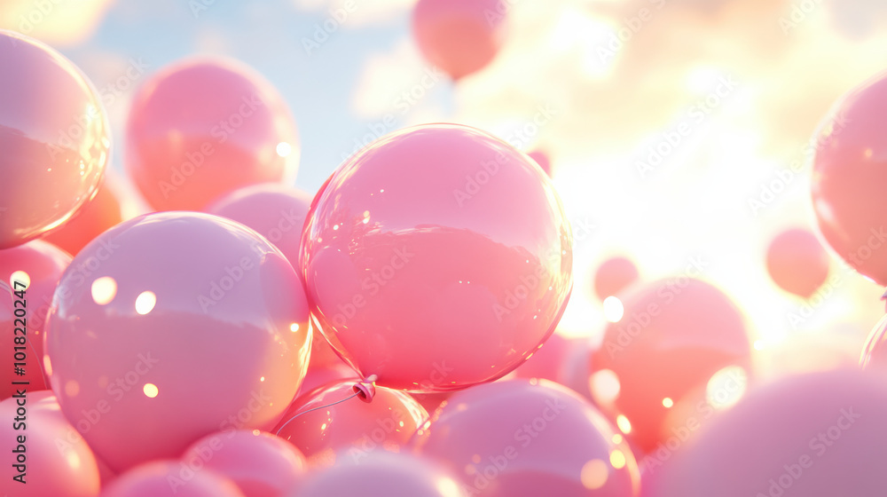 A cluster of pastel-colored balloons floating in the sky, soft focus on the balloons, sunlight reflecting off the surface A cluster of pastel-colored balloons floating in the sky, soft focus on the balloons, sunlight reflecting off the surface