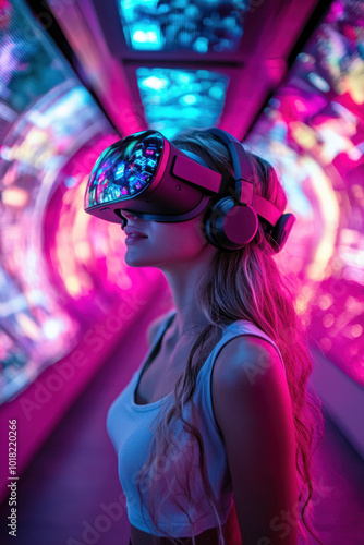 VR in gaming, Person immersed in a lively VR game, wielding motion controllers in a sleek, modern living room adorned with vibrant LED lights. The walls feature dynamic gaming