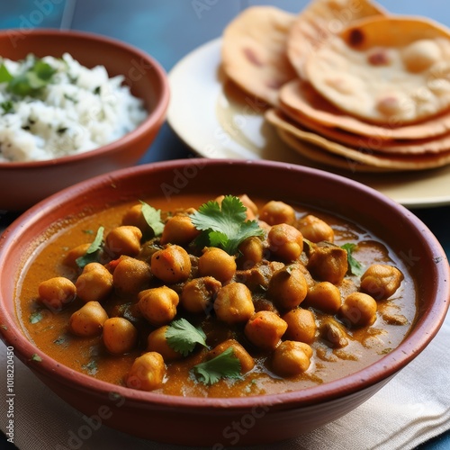  a traditional Indian meal featuring a bowl of chickpea curry (chana masala) served in a rustic clay bowl. The curry consists of chickpeas cooked in a spiced gravy, garnished with fresh cilantro and b