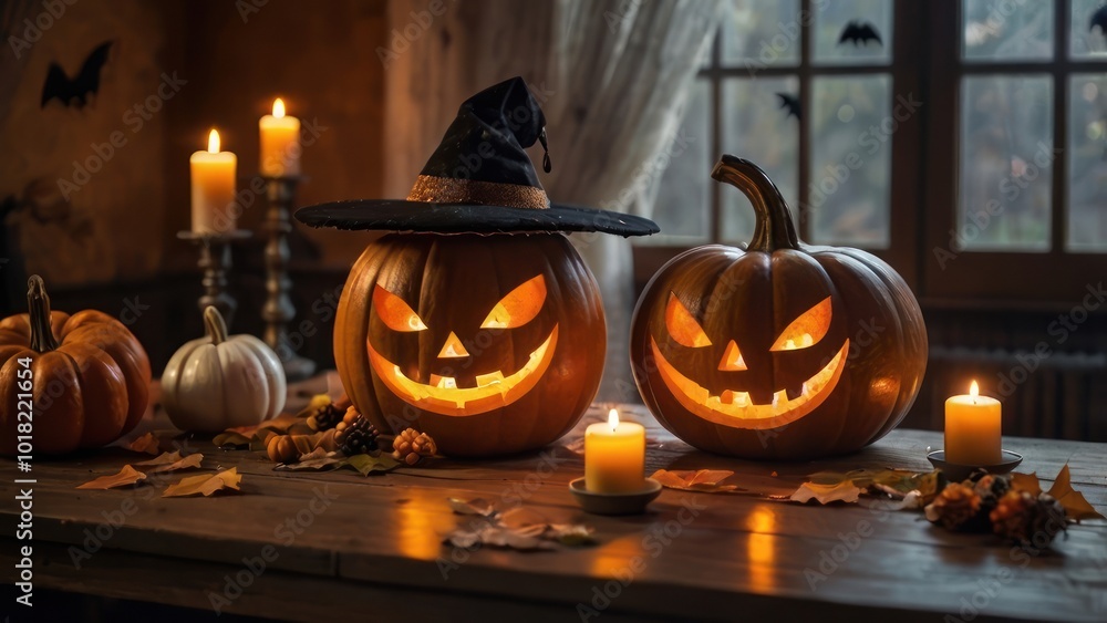 Fototapeta premium cozy Halloween scene featuring a wooden table adorned with carved pumpkins each with cheer
