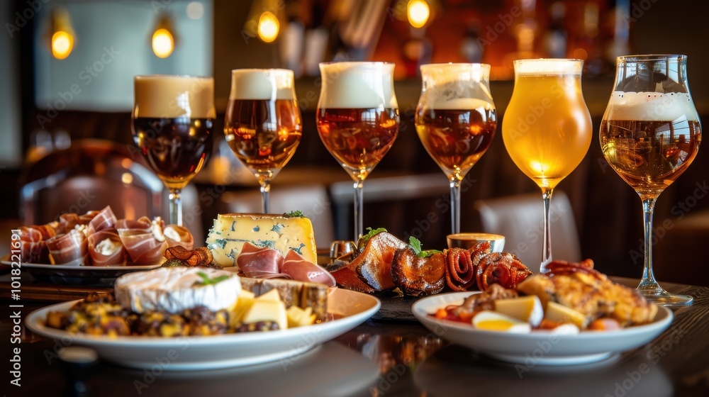 A cozy pub spread featuring a selection of gourmet food, charcuterie, and frothy craft beers, perfectly set for a luxurious dining experience
A cozy pub spread featuring a selection of gourmet food, charcuterie, and frothy craft beers, perfectly set for a luxurious dining experience