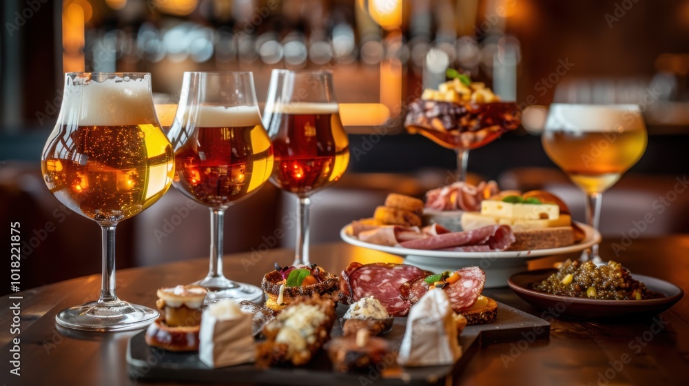 A luxurious spread of charcuterie, artisan cheeses, and gourmet snacks beautifully paired with a variety of frothy craft beers in a cozy pub setting
A luxurious spread of charcuterie, artisan cheeses, and gourmet snacks beautifully paired with a variety of frothy craft beers in a cozy pub setting