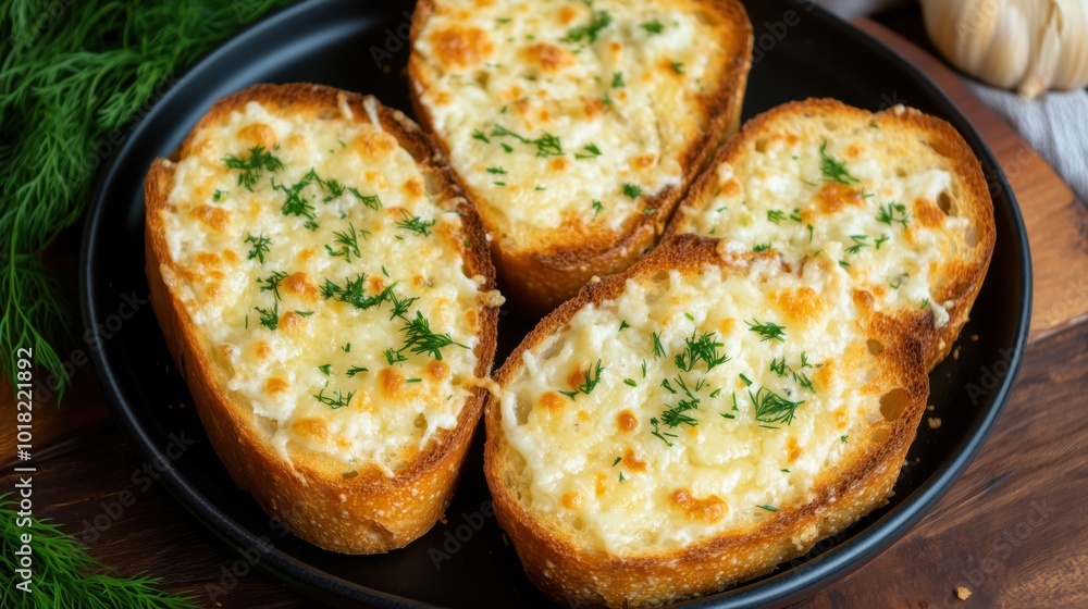 Appetizing garlic bread with dill for spring gatherings, ideal for food photography and culinary promotion Appetizing garlic bread with dill for spring gatherings, ideal for food photography and culinary promotion