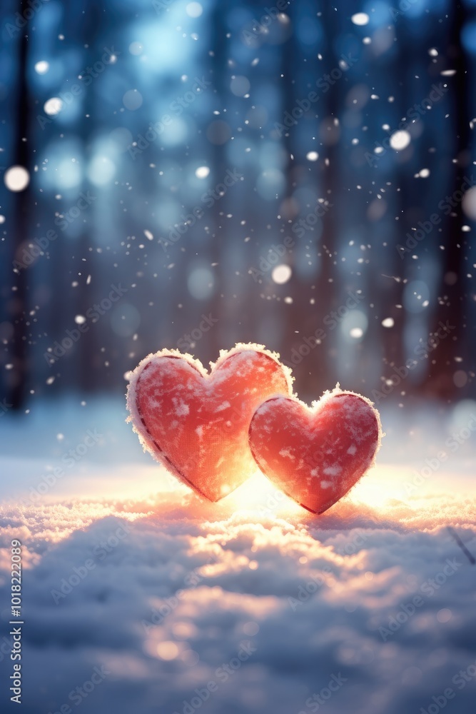 Fototapeta premium Romantic Snow Hearts Under Soft Valentine's Day Light in a Winter Landscape, Valentines Day background