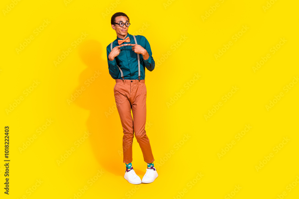 Photo of shy guy look empty space feel scared uncertain isolated bright color background Photo of shy guy look empty space feel scared uncertain isolated bright color background