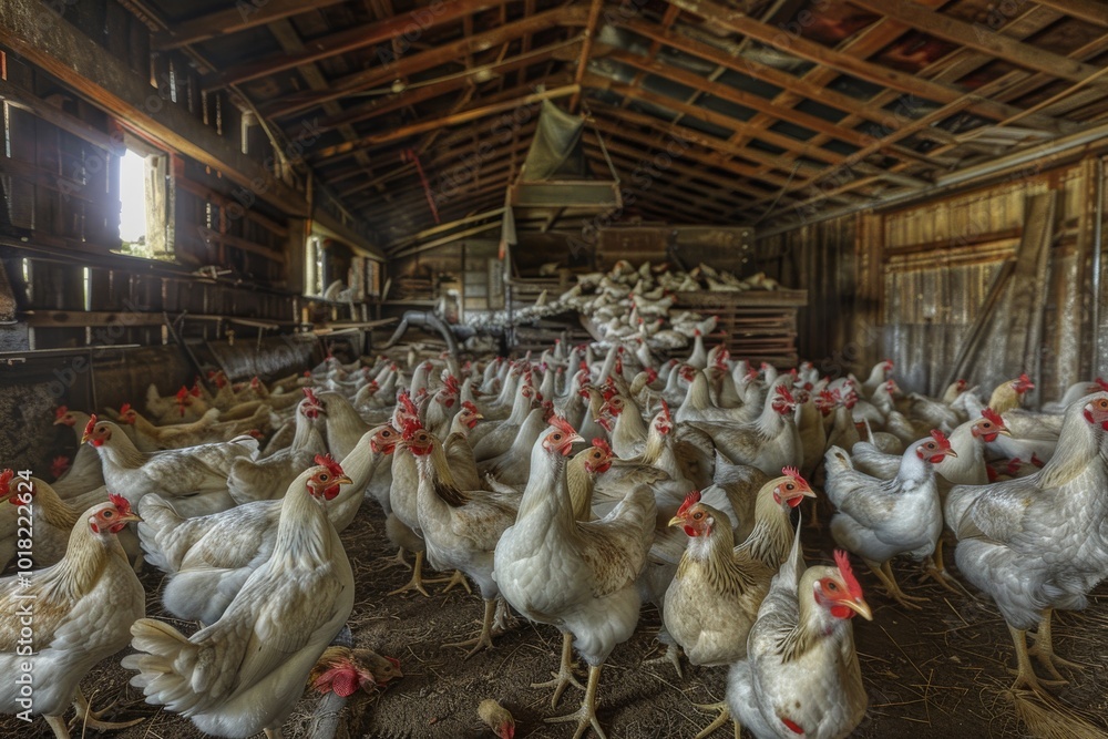 Poultry Farm with Many Chickens, Hen Farming, Big Chicken Farm, High Density of Birds on Poultry Farm Poultry Farm with Many Chickens, Hen Farming, Big Chicken Farm, High Density of Birds on Poultry Farm
