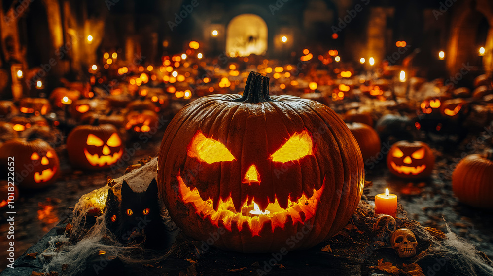 Halloween pumpkin display with candles and spooky decorations for festive atmosphere Halloween pumpkin display with candles and spooky decorations for festive atmosphere