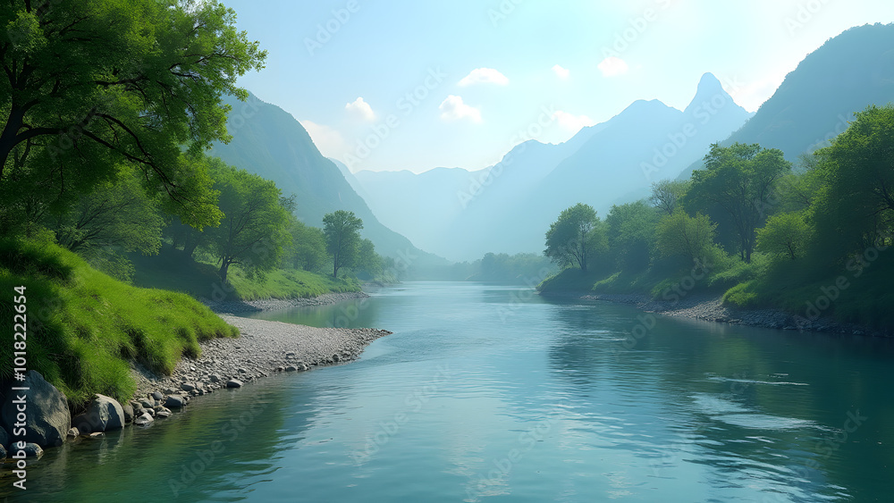 A Tranquil View from the Riverbanks Surrounded by Lush Mountains