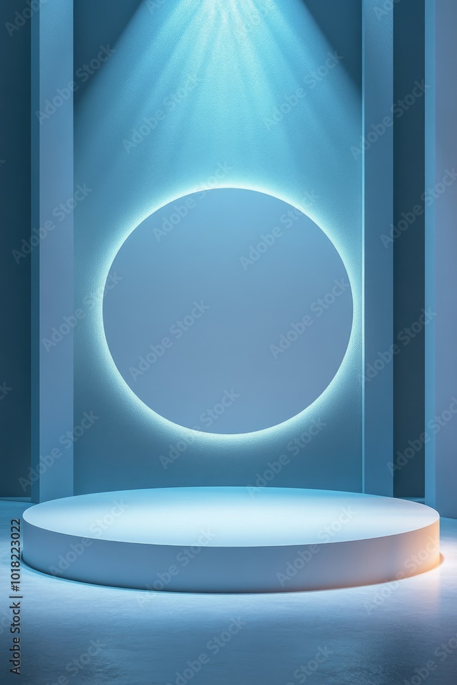 A Minimalist, Circular Podium Illuminated by Blue Light A Minimalist, Circular Podium Illuminated by Blue Light