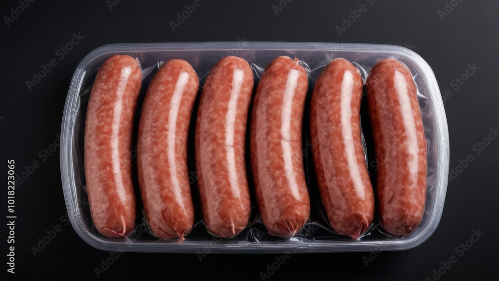 Package of delicious sausages on a dark background. This image is suitable for culinary blogs, recipe sharing, and product marketing. A simple and convenient solution for meat dishes Package of delicious sausages on a dark background. This image is suitable for culinary blogs, recipe sharing, and product marketing. A simple and convenient solution for meat dishes