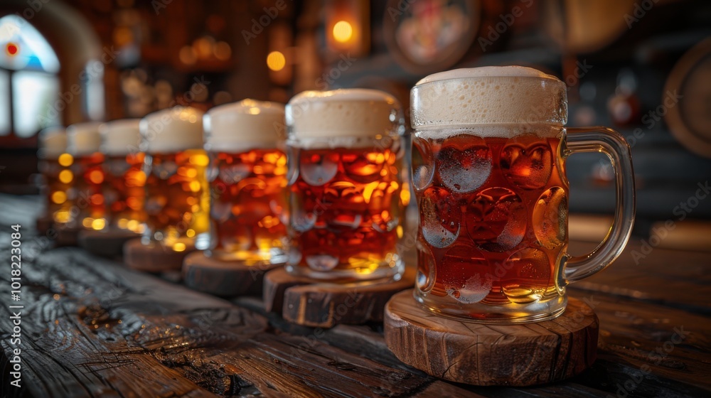 A row of frothy beer mugs filled with amber-colored beer, beautifully arranged on a rustic wooden table in a cozy tavern setting
A row of frothy beer mugs filled with amber-colored beer, beautifully arranged on a rustic wooden table in a cozy tavern setting