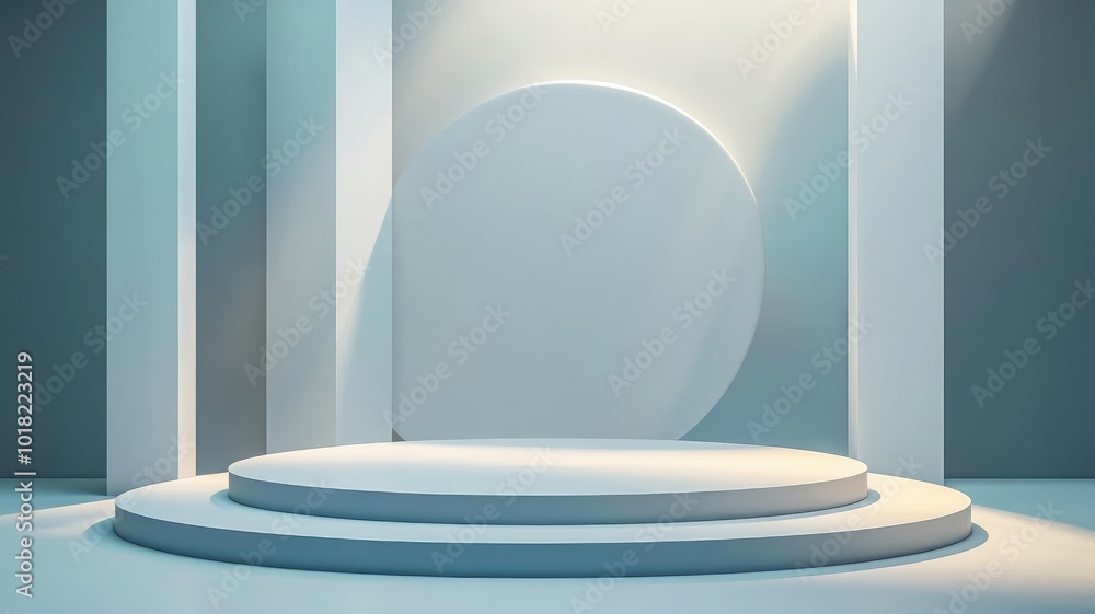 Two-Tiered Round Platform in a Minimalist White and Blue Setting Two-Tiered Round Platform in a Minimalist White and Blue Setting