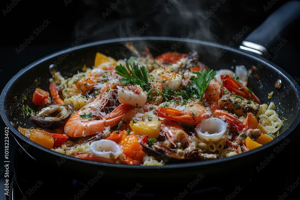 A bright assorted mix of seafood, vegetables, herbs and Italian pasta in a frying pan. Seafood recipes. Restaurant and home cooking. Food in a frozen flight on a black background - generative ai A bright assorted mix of seafood, vegetables, herbs and Italian pasta in a frying pan. Seafood recipes. Restaurant and home cooking. Food in a frozen flight on a black background - generative ai