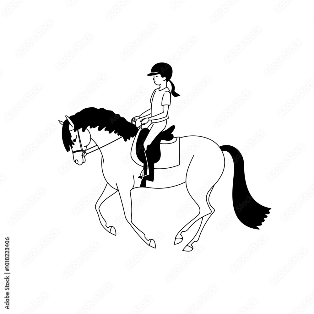Girl riding a sports pony, black and white, line vector Girl riding a sports pony, black and white, line vector