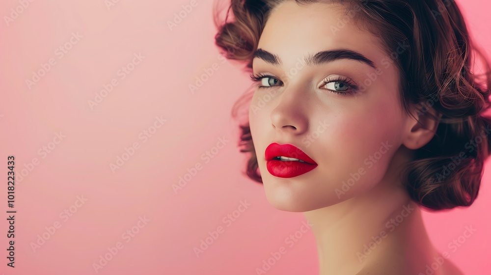 A close-up portrait of a woman with vintage-style hair and bold red lips, set against a soft pink background, exuding elegance and beauty. A close-up portrait of a woman with vintage-style hair and bold red lips, set against a soft pink background, exuding elegance and beauty.